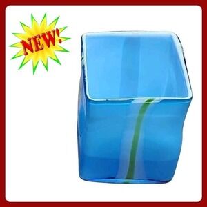 Pier 1 Art Glass Vase Blue‎ White Green Square Hand Blown Home Decor Like New